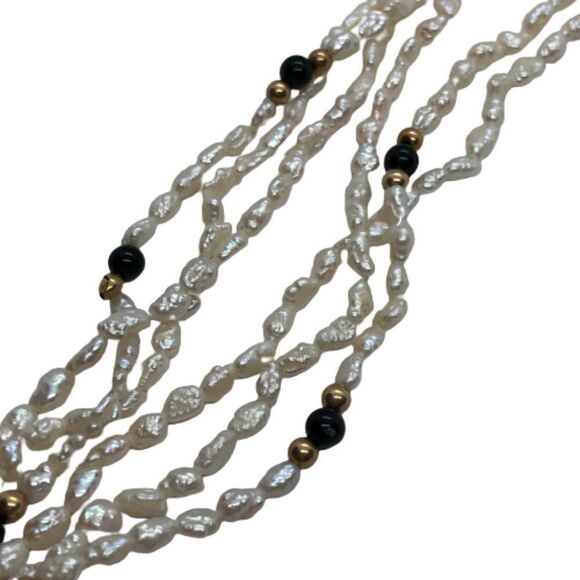 Stunning Vintage 16" Triple Strand Rice Pearl, Black Onyx & 14K Gold Necklace - Picture 7 of 10